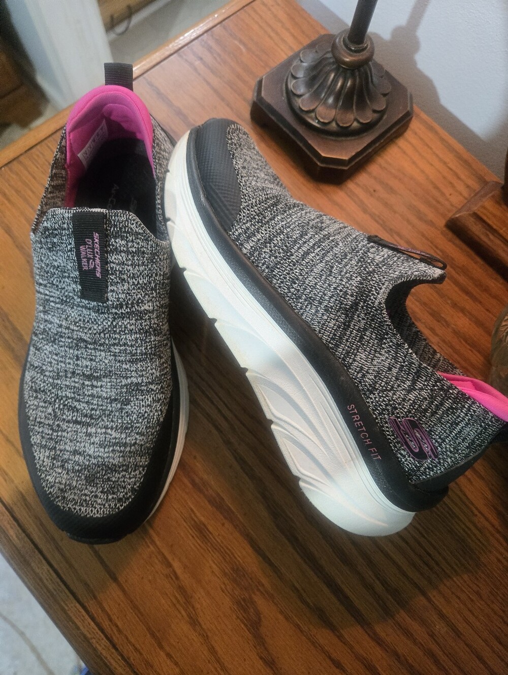 Skechers Women’s Gray Knit Slip-On Sneakers with Pink Accent